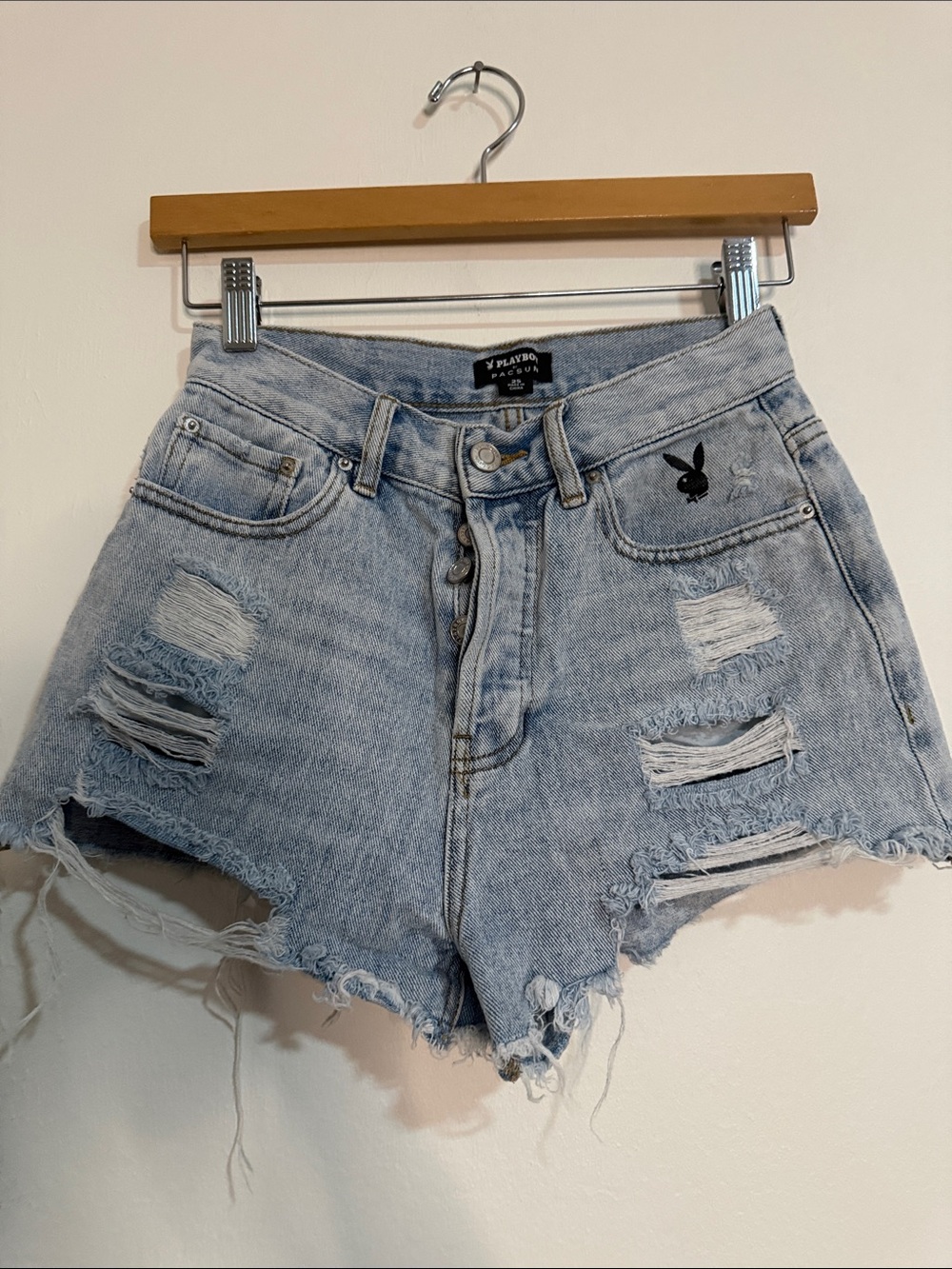 PLAYBOY Light Wash Distressed High-Rise Denim Shorts